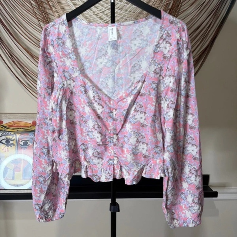 Abound Pink Floral V-Neck Long Sleeve Blouse